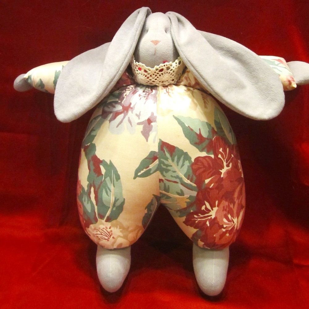 VTG STUFFED BUNNY DECORATION, LONG GRAY EARED BUNNY IN FLORAL OUTFIT